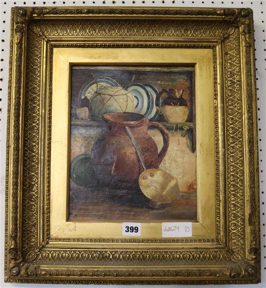 N. Boden, Derby artist, oil on canvas, Still life of a pitcher and a ladle